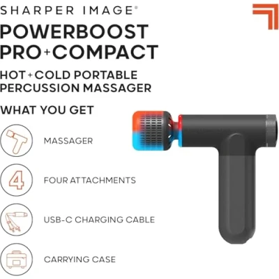 Image of Sharper Image PowerBoost Pro+ Compact Percussion Massage Gun Portable Hot &amp; Cold Therapy, Electric Small Massager with 4 Attachments 6 Speeds, Deep Tissue Vibrating for Muscle Relief