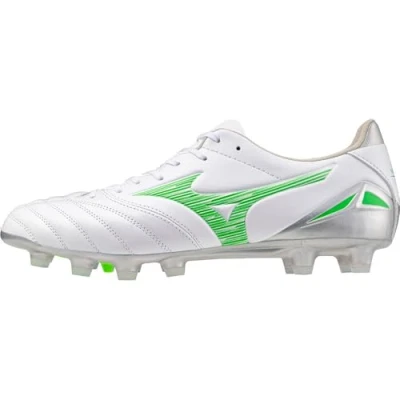 Image of Mizuno Morelia NEO IV PRO Moulded stud football boots, Size: 9.5, White/neon green/cool gray Leather/synthetics