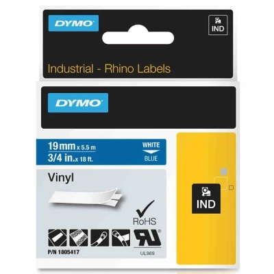 Image of DYMO Rhino Industrial Vinyl Labels 19mm x 5.5m White on Blue Self Adhesive Label Tape for and LabelManager Labelling Device