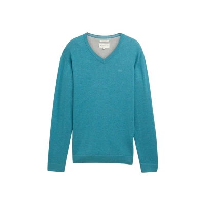Image of TOM TAILOR Herren Basic Pullover mit V Ausschnitt aus Baumwolle, 36299 Bright Teal Melange, L