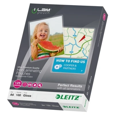 Image of Leitz Hot laminating films, A6, pack of 100, glossy, transparent, film thickness 125 mic, 33806