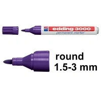 Image of edding 3000 permanent marker violet (purple) box of 10 round tip 1.5 3 mm quick drying markers waterproof, smudge proof for cardboard, plastic, wood, metal, fabric pens