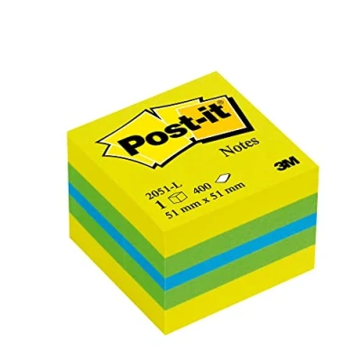 Image of Post it Notes Mini Cube Neon Yellow, Ultra Green, Blue, Yellow 400 Sheets 51 mm x