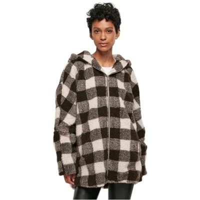 Image of Urban Classics Check Sherpa Winter coat, Women&#039;s, Size: Small, Pink brown