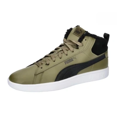 Image of Puma Smash 3.0 MID Unisex Hightop trainers, Size: 6, Olive drab/black/white leather and imitation