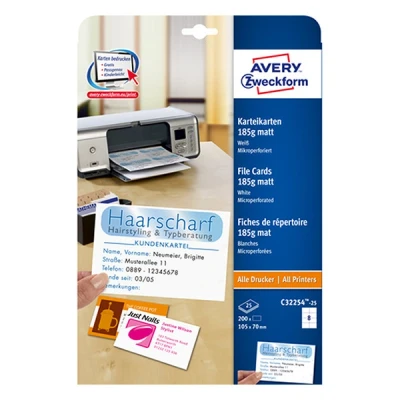Image of AVERY Zweckform C32254 25 Index Cards (Blank, Printable on Both Sides, Matt White, Extra Fine Micro Perforation, Sheets) for Self Printing All Printers