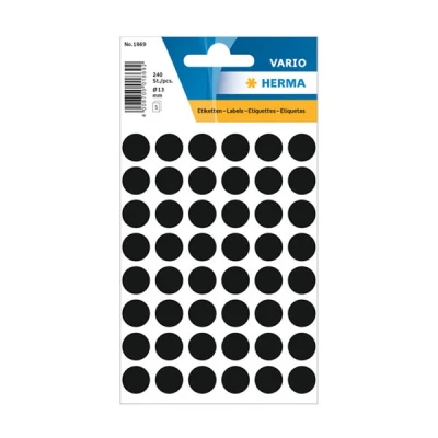 Image of HERMA Dot Stickers Black, 240 Labels, Ø 13 mm, 48 Labels per Sheet, Self Adhesive Round Colour Stickers, Blank Marking Dots, Sticky Circle for Color Coding Calendar