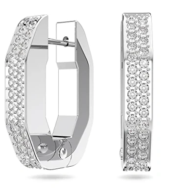 Image of Swarovski Small Octagonal Hoop Earrings, Pair of Pavé, White Crystal, Rhodium Plated Hoops, from the Dextera Collection
