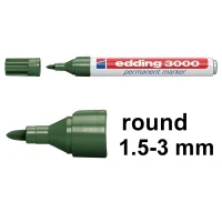 Image of edding 3000 permanent marker olive green box of 10 round tip 1.5 3 mm quick drying markers waterproof, smudge proof for cardboard, plastic, wood, metal, fabric pens