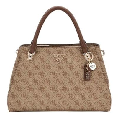 Image of Guess Noelle Luxury Satchel Handbag, Women&#039;s, Size: One Size, Latte logo/brown
