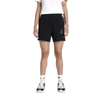 Image of Puma ESS Script Hochgeschnittene Shorts, Women&#039;s, Size: Medium, Black
