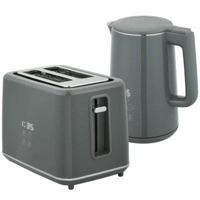 Image of HOMCOM Digital Kettle and Toaster Set, 1.5L 3000W Fast Boil Kettle, 2 Slice Kitchen Set with 7 Level Browning Controls, Defrost, Reheat, Keep Warm, Crumb Tray LED Touch Display, Grey