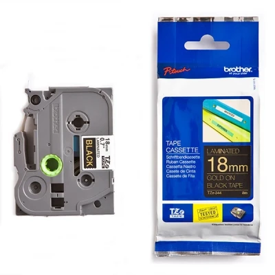 Image of Brother TZe 344 Labelling Tape Cassette, 18 mm (W) x 8 m (L), Laminated, Genuine Supplies Gold on Black