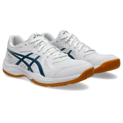 Image of Asics Upcourt 6 Handball shoes, Men&#039;s, Size: 8, White/vintage indigo Imitation leather/ textile
