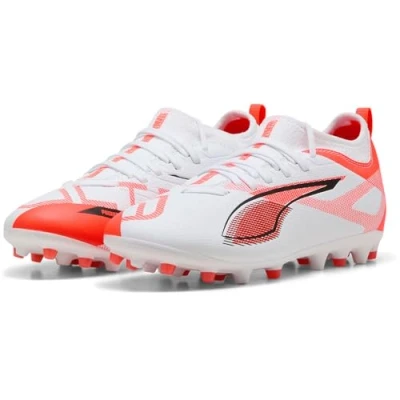 Image of Puma Ultra 5 Match MG JR Unisex Moulded stud football boots for kids, Size: 1, White/black/glowing red Textile/synthetics