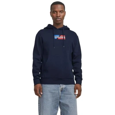 Image of JACK &amp; JONES Men&#039;s Jjecorp Graphic Sweat Hood Noos Sweatshirt, Sky Captain/Detail:01, L