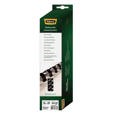 Image of Fellowes A4 16 mm Plastic Binding Combs for Comb Machine, Binds 101 to 120 Pages, Black, Pack of 25, 5332302