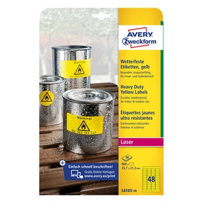 Image of Avery Zweckform L6103 20 Heavy Duty Weatherproof Labels for Electrical Cabinets 45.7 x 21.2 mm Sheets