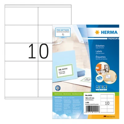Image of HERMA 4425 Universal Labels, 100 Sheets, 105 x 57 mm, 10 per A4 Sheet, Pack of 1000, Self Adhesive, Printable, Matt, Blank Paper Adhesive Labels Stickers, White