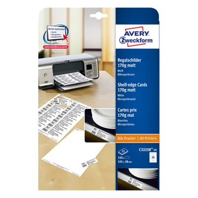 Image of Avery Zweckform C32258 25 Shelf Edge Cards Uncoated Micro Perforated for Price and Scanner Edges 170 g 105 x 38, Sheets White