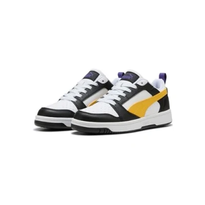 Image of Puma Rebound V6 Unisex Trainers for kids, Size: 4, Black/yellow sizzle/white High quality imitation leather