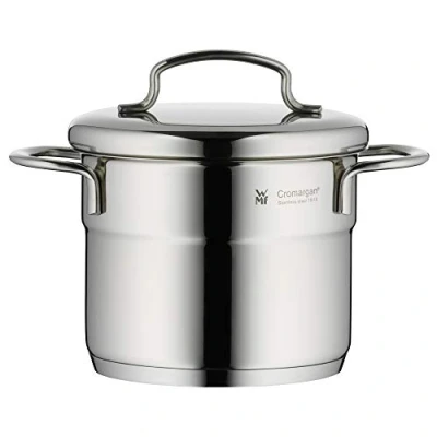 Image of WMF Mini Cooking Pot Small 12 cm Metal Lid Induction Casserole 1 Litre Cromargan Stainless Steel Stackable for Portions Single Households