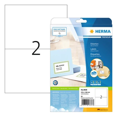 Image of HERMA 8636 Self Adhesive Shipping Labels, 2 Labels per A4 Sheet, 10 Sheets, 210 x 148 mm, 20 Blank Parcel Stickers, Sticky for Laser &amp; Inkjet Printer, White