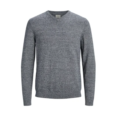 Image of JACK &amp; JONES Mens Basic Knit V Neck Regular Fit Classic Cotton Sweater, Grey (Navy Blazer Detail: Twisted With Jet Stream), M