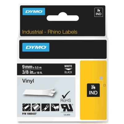 Image of DYMO Rhino Industrial Vinyl Labels 9mm x 5.5m White on Black Self Adhesive Label Tape