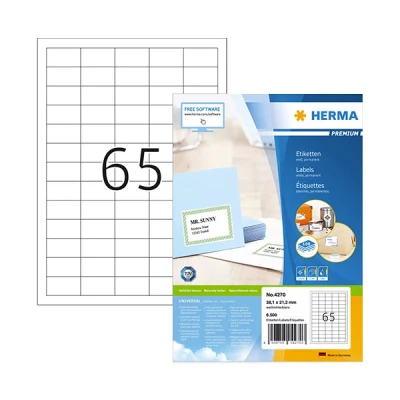 Image of HERMA Self Adhesive Multipurpose Labels, 65 Labels per A4 Sheet, 100 Sheets, 38.1 x 21.2 mm, 6500 Blank Universal Stickers, Sticky for Laser &amp; Inkjet Printer, White