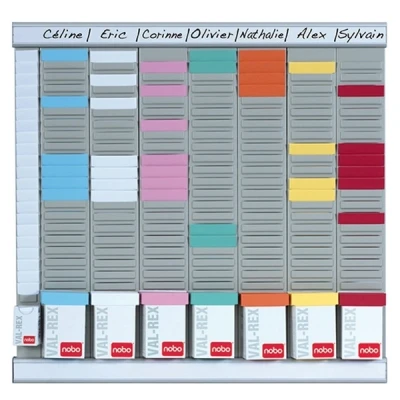 Image of Nobo T Card Office Planner Kit, Wall Mount, 7 Columns &amp; 24 Slots, Size 2, Includes Cards in Assorted Colours Index Column 2911080