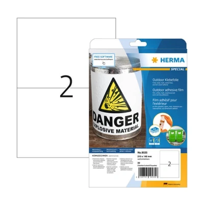 Image of HERMA Self Adhesive Film Labels, 2 Labels per A4 Sheet, 320 Sheets, 210 x 148 mm, 640 Blank Weatherproof Stickers, Sticky for Laser &amp; Inkjet Printer, White