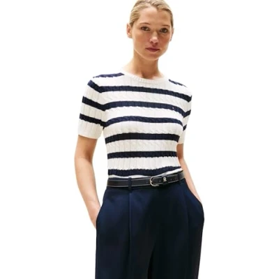 Image of Tommy Hilfiger Women&#039;s Pullover Sweater, White (Ivory Silk/Dark Night Navy Stp), XXS