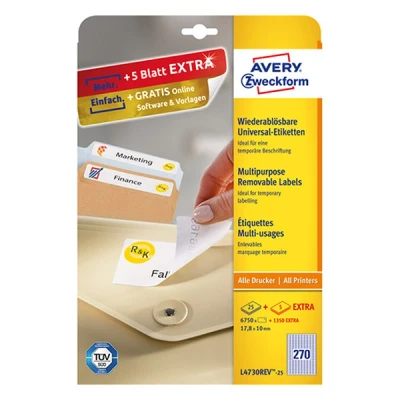 Image of Avery Zweckform L4730REV 25 Universal Labels 17.8 x 10 mm Sheets / 6750 Labels/White