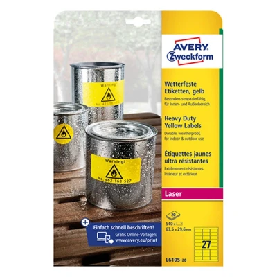 Image of Avery Zweckform L6105 20 Heavy Duty Weatherproof Labels for Shelves 63.5 x 29.6 mm Sheets