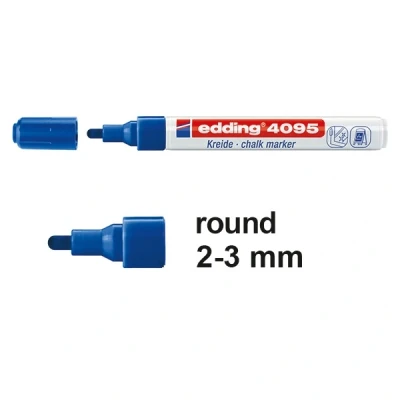 Image of edding 4095 chalk marker blue 1 pen round nib 2 3 mm medium wet wipe for chalkboards, windows, glass, mirrors liquid pens opaque coverage