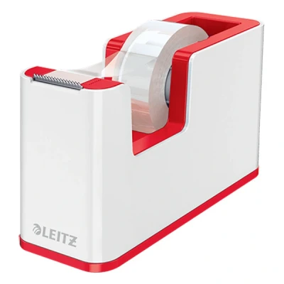 Image of Leitz WOW 53641026 Tape Dispenser, Heavy Base and Includes a Roll of Adhesive Tape, Desk White/Red