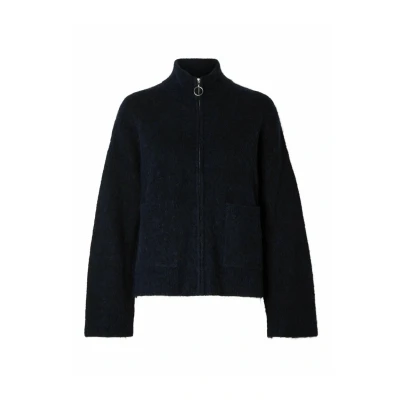 Image of SELECTED FEMME Women&#039;s Slfsia Ras Ls Knit Zipper Cardigan Noos Sweater, Dark Sapphire/Detail: Melange, S