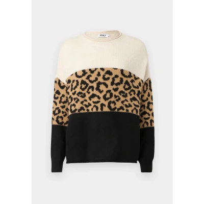 Image of ONLY Women&#039;s Onljade Animal Ls O Neck Noos KNT Sweater, Moonbeam/Pattern: Black/Toasted Coconut, XS