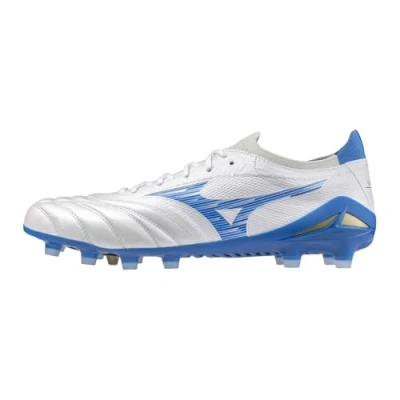 Image of Mizuno Morelia NEO IV B Elite RUN ON Moulded stud football boots, Men&#039;s, Size: 9, White/laser blue Leather/synthetics