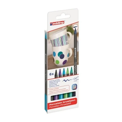 Image of edding 4200 porcelain brush pen black, violet, 3x blue, green, 6 pens nib 1 4 mm painting and decorating ceramics, dishwasher safe, lightfast ink, quick drying felt