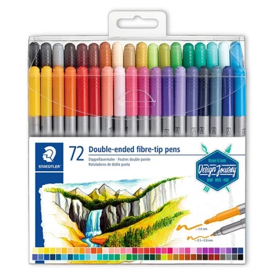 Image of STAEDTLER 3200 TB72 Design Journey Double Ended Fibre Tip Pens with Thin &amp; Wide Nibs Assorted Colours (Pack of 72)