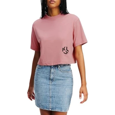 Image of Karl Lagerfeld Jeans Cropped Monogram TEE Basic Tshirt, Women&#039;s, Size: Small, Foxglove