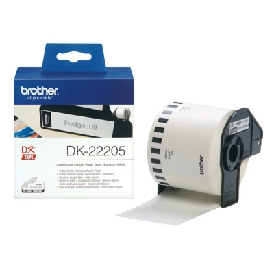 Image of Brother DK 22205 Label Roll Continuous Length Paper Black On White 62mm (W) X 30.48M (L) Genuine Supplies