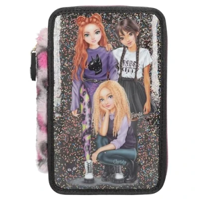 Image of Depesche 13017 TOPModel Rebel Kitty Filled 3 Compartment Pencil case in Black, with Model Motif, Glitter and Leo Fur, Crayons, Ruler, Scissors Much More., Multicolour, One Size