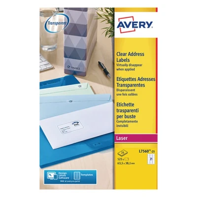 Image of Avery L7560 25 Clear Laser Labels 63.5x38mm L7563 (525 Labels)