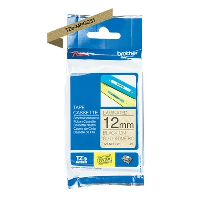 Image of Brother TZe MPGG31 Labelling Tape Cassette, Black on Gold Geometric, 12 mm (W) x 4 m (L), Laminated, Genuine Supplies