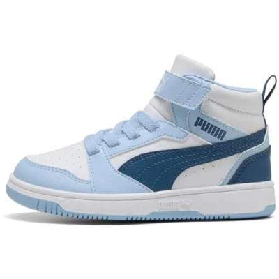 Image of Puma Unisex Kid&#039;s Rebound V6 Mid Ac+ Ps Sneaker, White Dark Indigo Haute Tropic, 2 UK