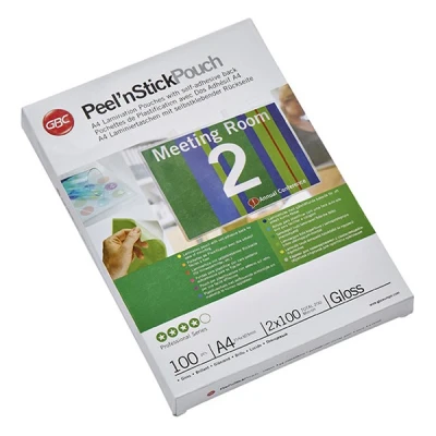 Image of GBC A4 2x100 Micron Peel n&#039; Stick Gloss Laminating Pouches, Pack of 100, 41666E