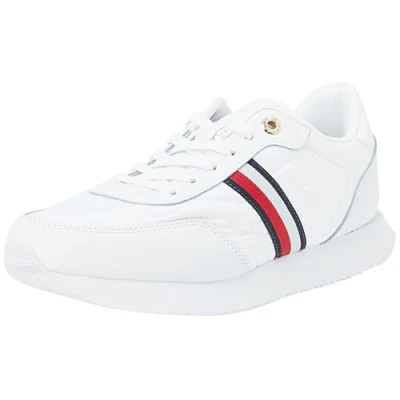 Image of Tommy Hilfiger Women&#039;s Essential Runner Global Stripes Leather Trainers, White, 3.5 UK